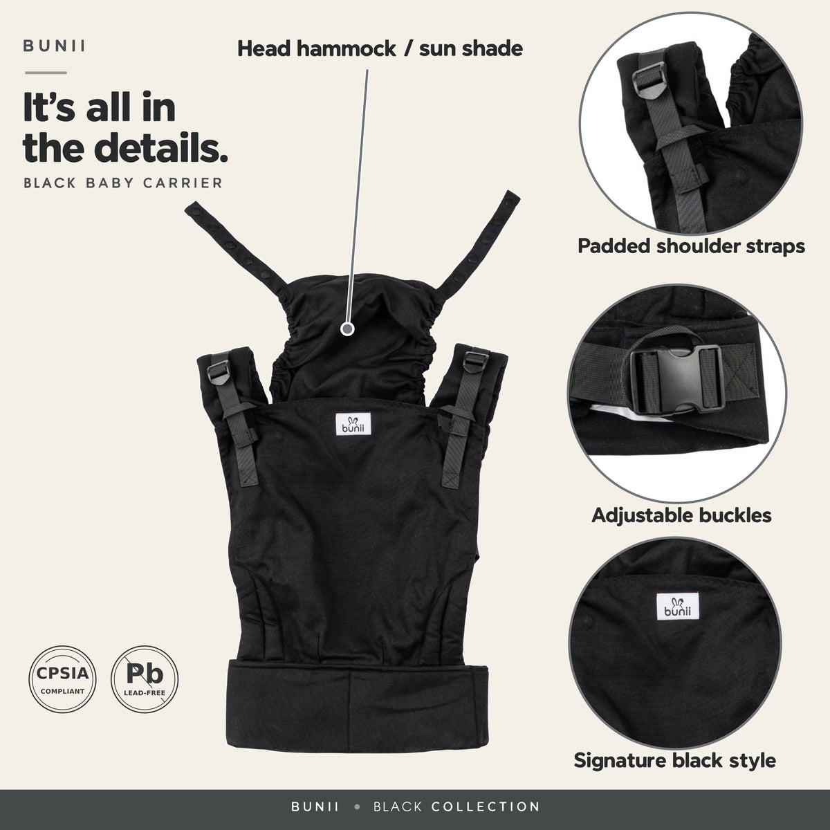 Bunii Baby Carrier - Soft Structured Carrier for Infants & Toddlers (Black)