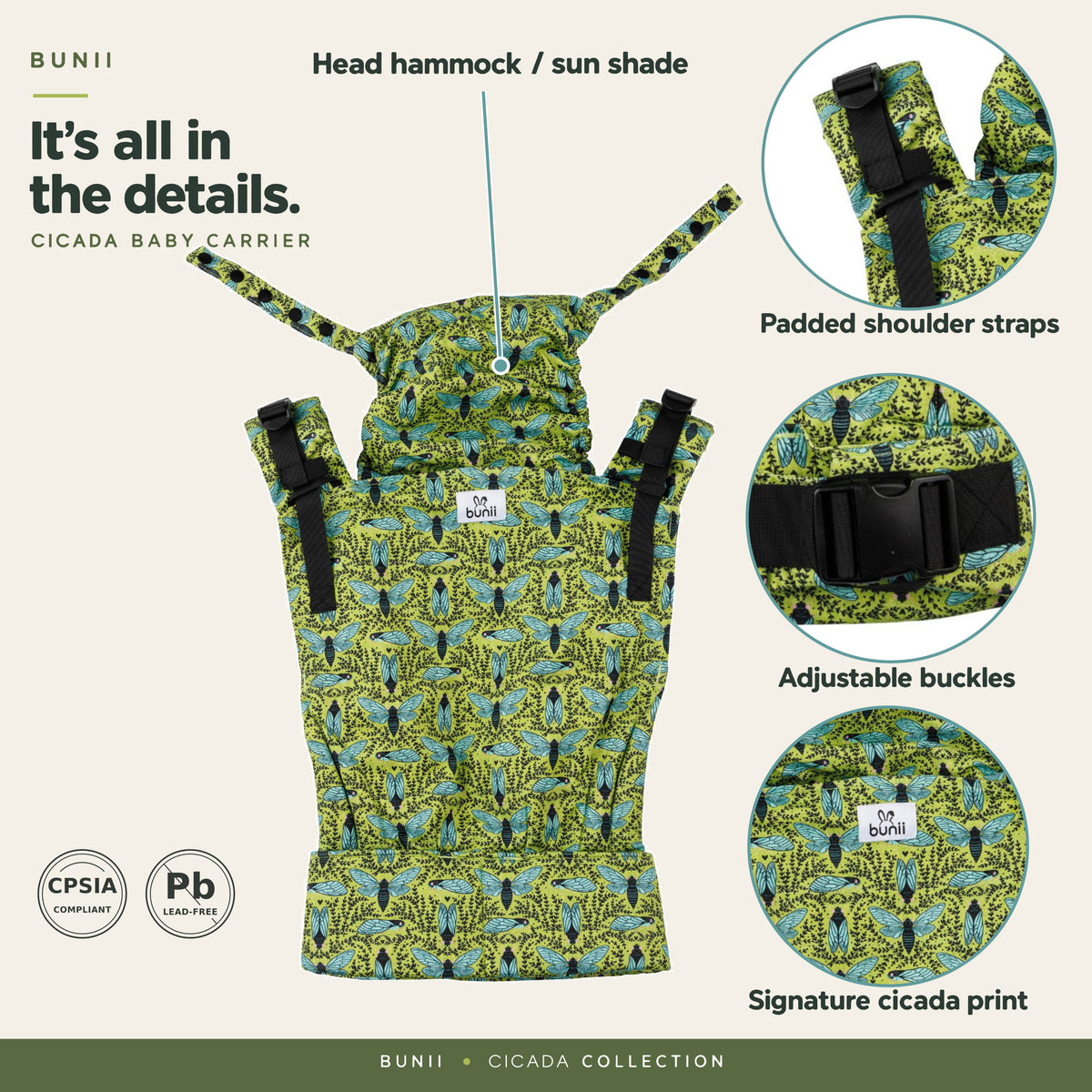 Bunii Baby Carrier - Soft Structured Carrier for Infants & Toddlers (Cicada)