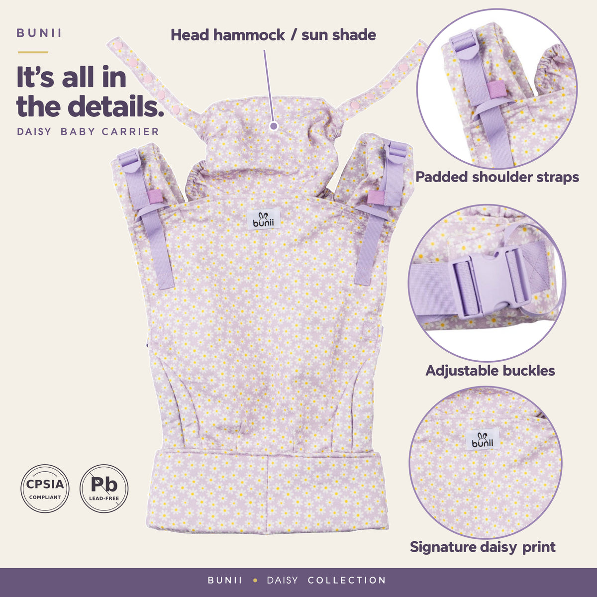 Bunii Baby Carrier - Soft Structured Carrier for Infants & Toddlers (Lavender Daisy)
