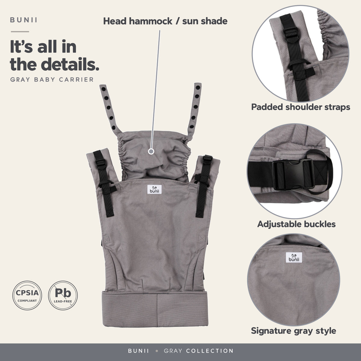 Bunii Baby Carrier - Soft Structured Carrier for Infants & Toddlers (Gray)