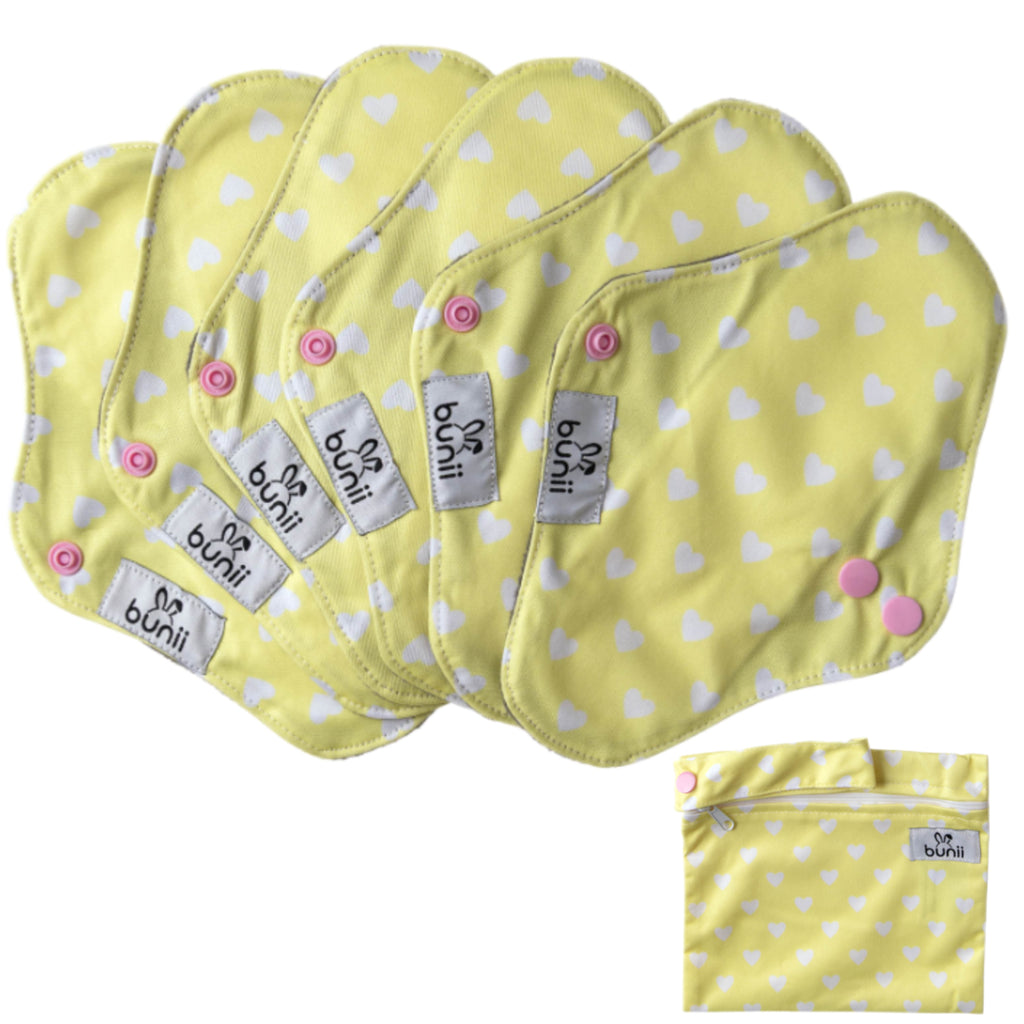 Bunii Reusable Menstrual Pads 6-Pack - Yellow and White Hearts