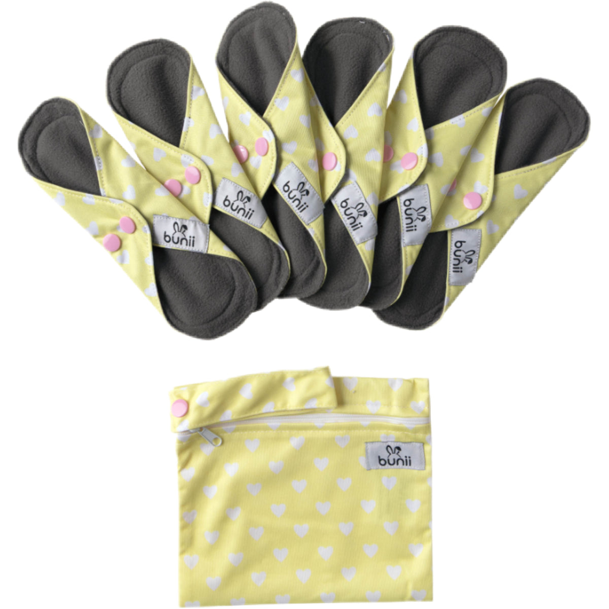 Bunii Reusable Menstrual Pads 6-Pack - Yellow and White Hearts