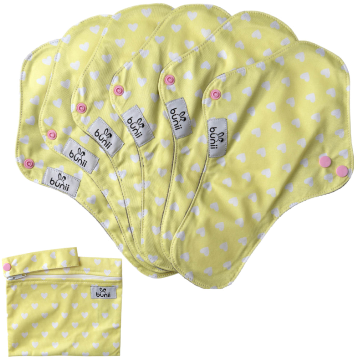 Bunii Reusable Menstrual Pads 6-Pack - Yellow and White Hearts