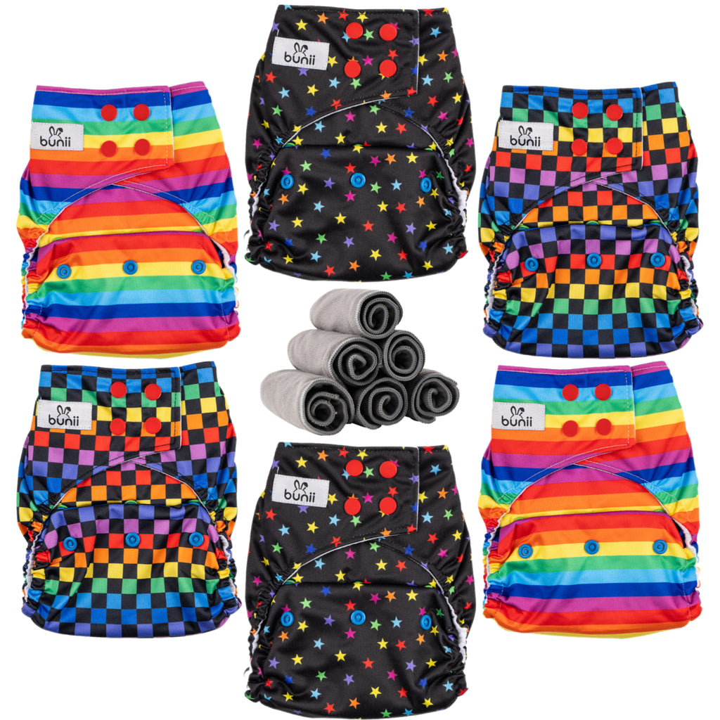 Bunii Cloth Diaper 6-Pack - Dark Rainbow
